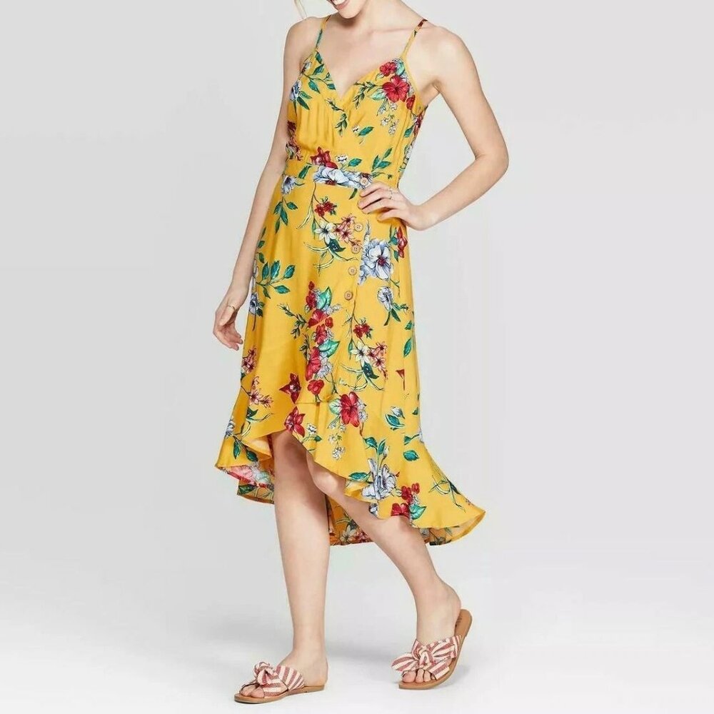 Xhilaration Floral Print Strappy Button Front High-Low Hem Midi Dress